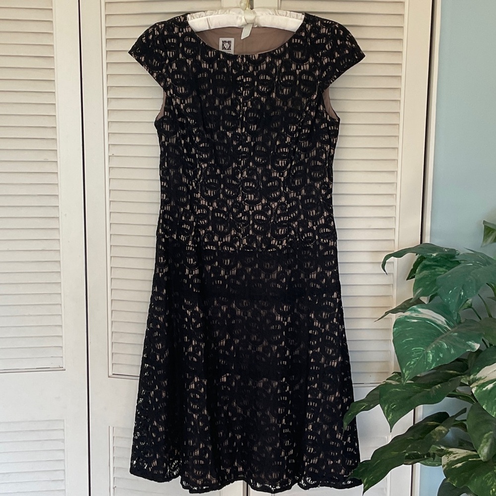 Anne Klein Black Lace Midi Dress with Nude Lining